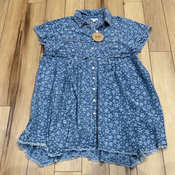 BiBi Dresses & Skirts - Blue Floral Button-Up Denim Dress